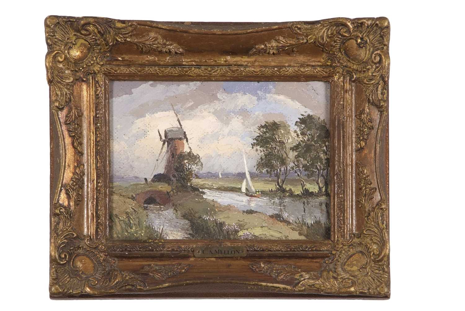 Campbell Archibald Mellon (British,1876-1955), landscape with windmill, oil on board, signed, - Image 4 of 4