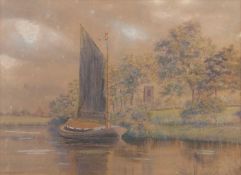 Stephen John Batchelder (British,1849-1932), A wherry passing a church on the Broads, watercolour (