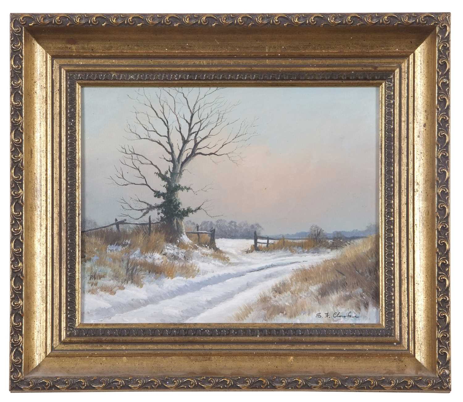 Sidney F. Clarke (1939-2014), View across a winter landscape, oil on board, signed,19.5x24cm,