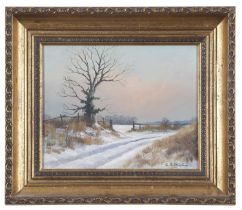 Sidney F. Clarke (1939-2014), View across a winter landscape, oil on board, signed,19.5x24cm,