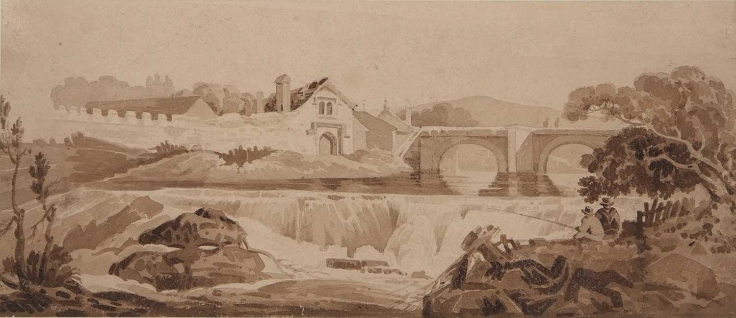 Attributed to Miles Edmund Cotman (British,1810-1858), Anglers fishing from a bank by the Weir, - Image 3 of 3