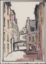 Roland Fisher (British,1885-1969), Street scene, watercolour, signed,13x19cm, framed and glazed.
