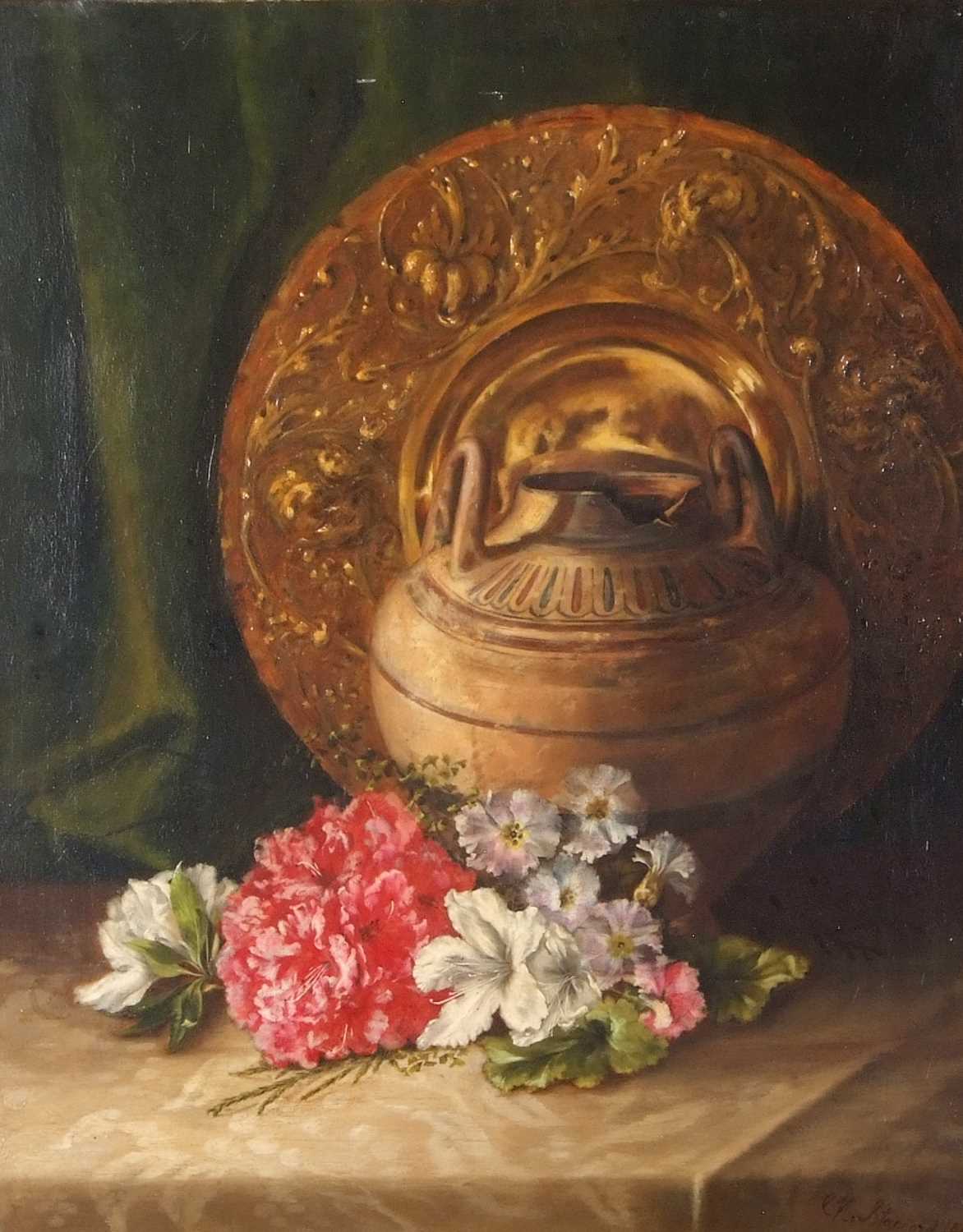 Eloise Harriet Stannard (1829-1915), Still life study of summer flowers by a crock and salver, oil - Image 5 of 6