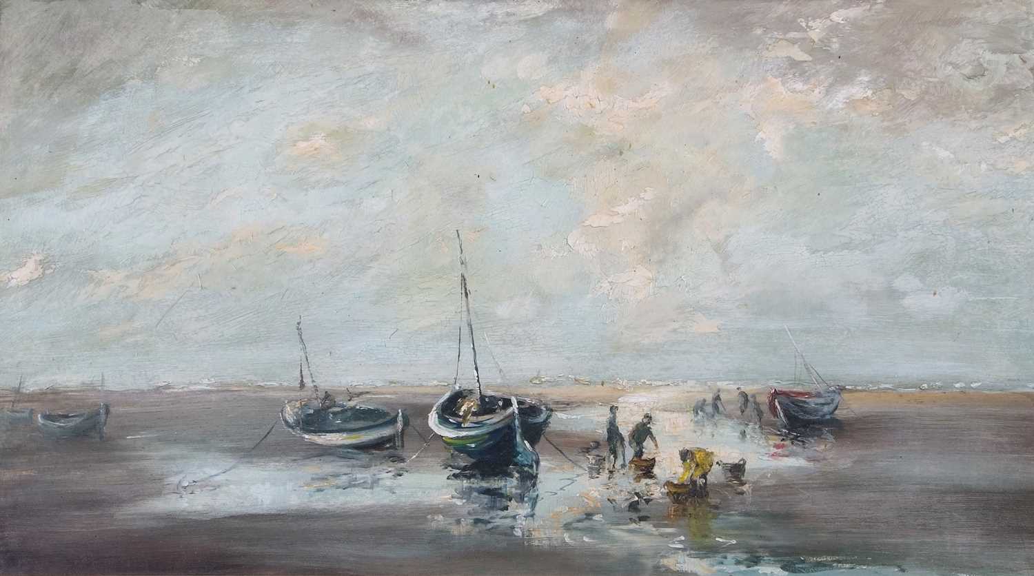 In the manner of Jack Cox (1914-2007), Moored Boats at Blakeney, oil on board, unsigned, 39x69cm, - Image 3 of 3