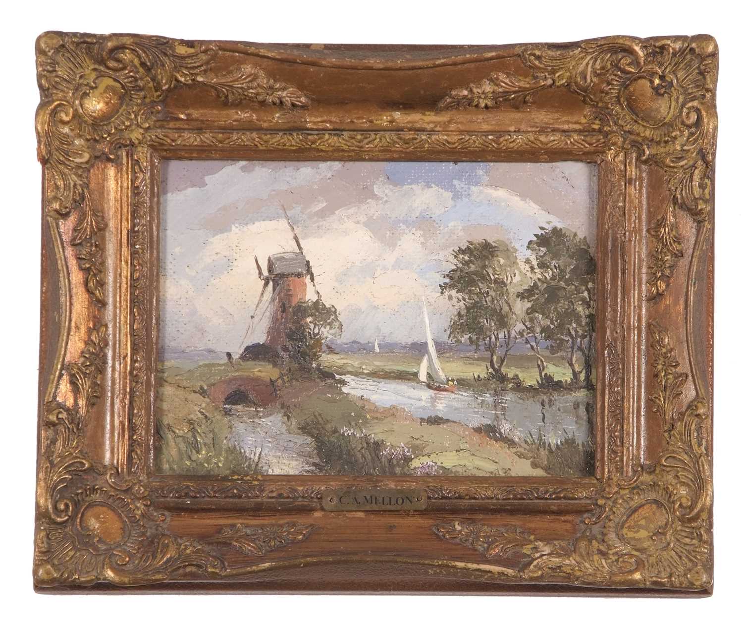 Campbell Archibald Mellon (British,1876-1955), landscape with windmill, oil on board, signed, - Image 2 of 4