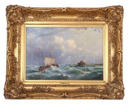 Alfred Priest (1810-1850) Fishing vessel on a stormy sea, oil on canvas, signed, 23x33, framed