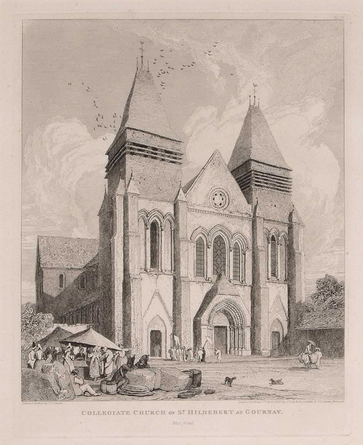 John Sell Cotman (1782-1842), 'Collegiate Church of St Hildebert at Gournay, West front', etching,