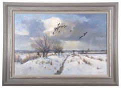Colin W Burns (British, b.1944) "Pink-footed Geese", oil on canvas 20" x 30" signed Colin W Burns
