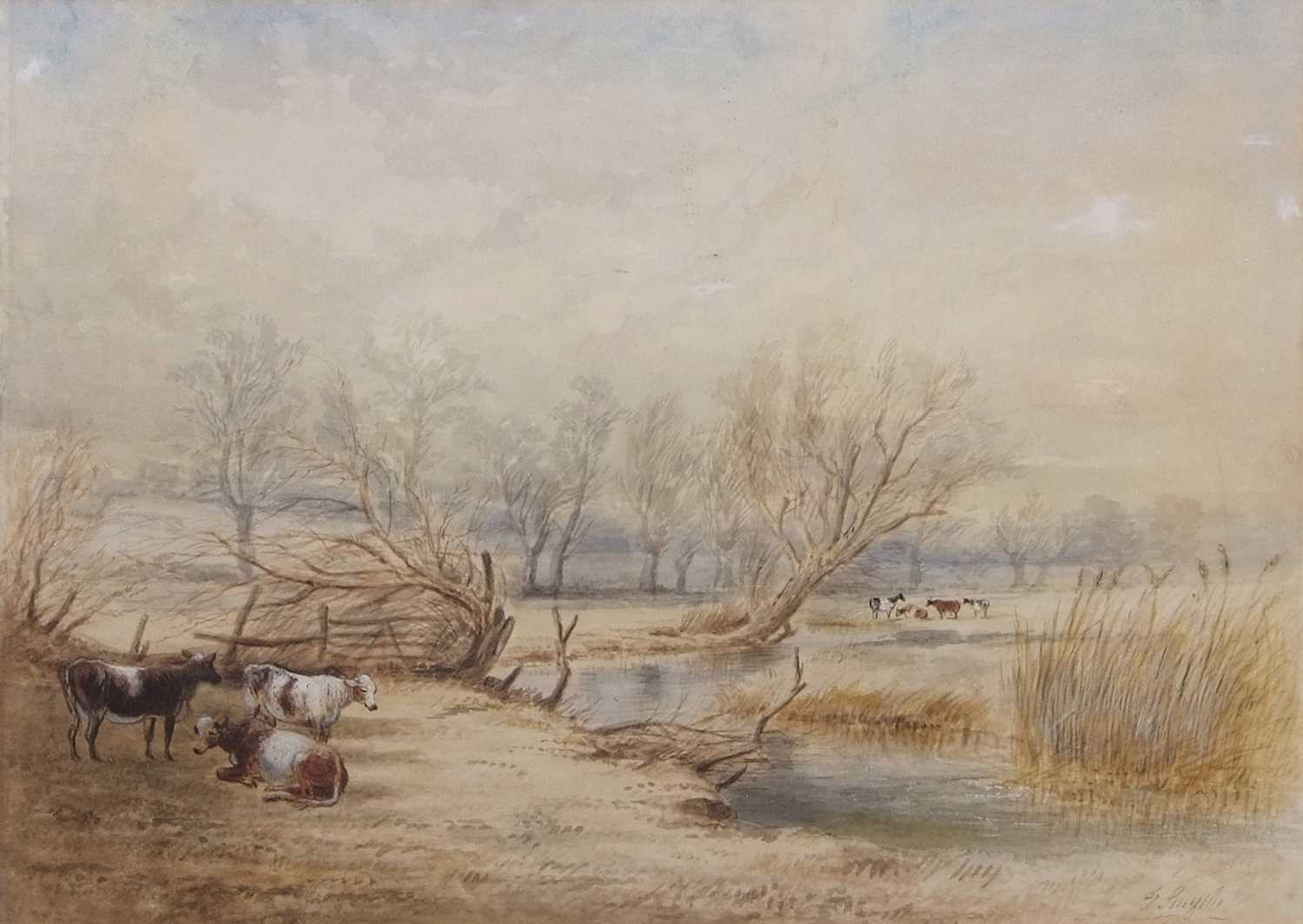 Thomas Smythe (British, 1825-1906), Cattle grazing by a meandering river, watercolour (part