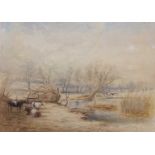 Thomas Smythe (British, 1825-1906), Cattle grazing by a meandering river, watercolour (part