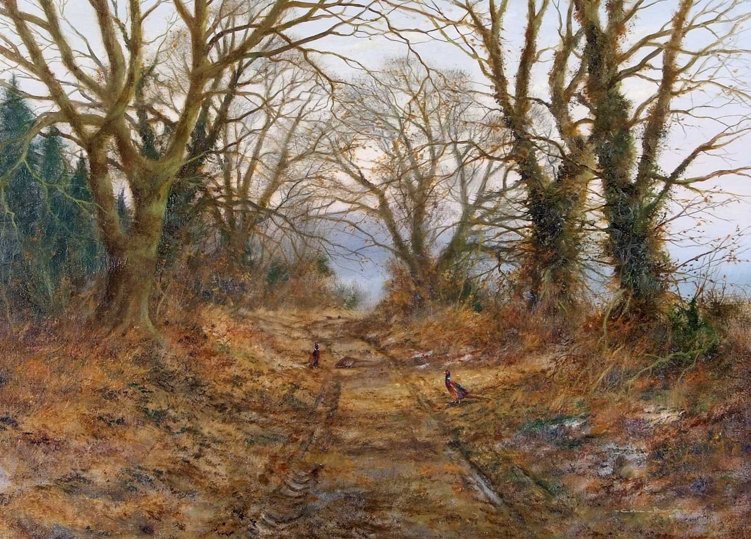 Colin Burns (British, b.1944), A bevy of pheasants on a woodland track, oil on canvas, signed, - Image 4 of 4