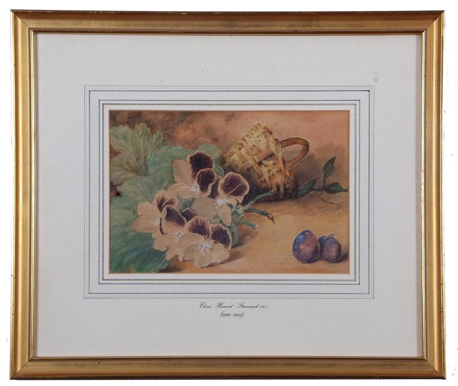 Eloise Harriet Stannard (1829-1915), Still life study of pansies and plums in a basket, watercolour, - Image 2 of 3