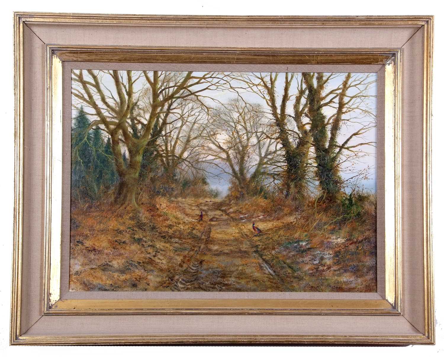 Colin Burns (British, b.1944), A bevy of pheasants on a woodland track, oil on canvas, signed, - Image 3 of 4