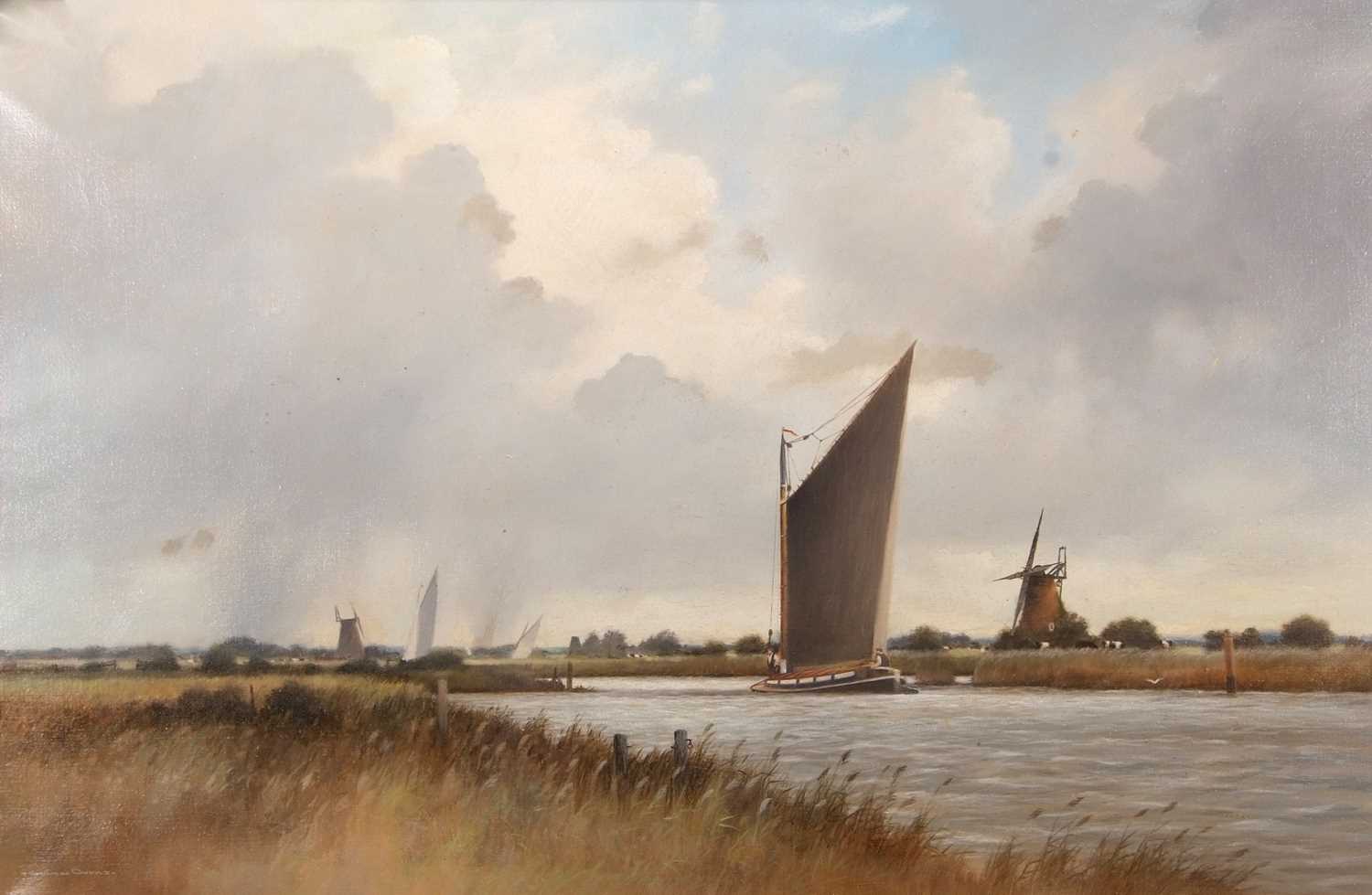 Colin Burns (British, b.1944), Broadland scene with wherry, oil on canvas, signed, 59x90cm, framed. - Image 3 of 3
