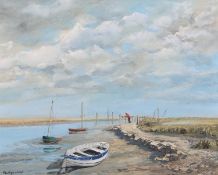 Phillipa Leigh (British, contemporary), Norfolk estuary with boats, oil on board, signed, 39x49cm,