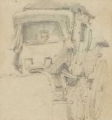 James Stark (1794-1859), Pencil study of a figure stood alongside a carriage, 8x9cm, framed and