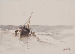 Jack Cox (1914-2007), Fisherfolk with moored boat, watercolour on card, signed, 20x27.5cm,