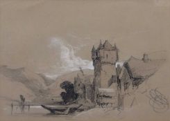 Henry Bright (1810-1873), Continental castle and lake, charcoal heightened in white, 23x32.5cm,