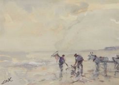 Jack Cox (1914-2007), Two figures cockling, watercolour, signed, unframed,19.5x27.5cm, mounted.