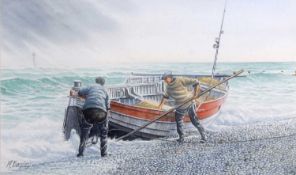 Michael Bensley (British, b.1959), 'Beaching in squally weather', watercolour, signed, 42.5x25cm,