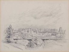 Attributed to Leonard Russell Squirrell (1893-1979), 'Framlingham', pencil sketch, unsigned, label