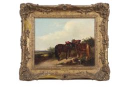 Thomas Smythe (1925-1906), Ponies and a hound rest by water, oil on canvas, unsigned, artist name