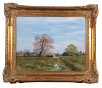 George Hewitt (British, 20th century), Countryside landscape view, oil on board, signed, 26.