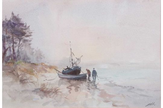 Jack Cox (1914-2007), Moored fishing boats with two figures, watercolour, signed, 27x38cm, framed - Image 3 of 3