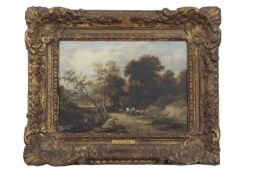 James Stark (1794-1859) Travellers rest on a pathway, oil on board, artist name plate on front of