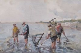 Jack Cox (1914-2007), Figures cockling, watercolour, signed, unframed, 20x31.5cm, mounted.