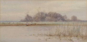 Charles Harmony Harrison (1842-1902), Rowing on the Broads, watercolour, signed,15.5x32cm, framed