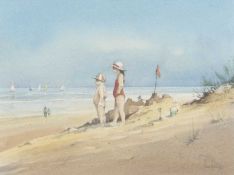 Jeremy Barlow ROI (1945-2020), Beach scene with children standing by a sand castle whilst gazing out