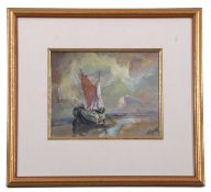 Jack Cox (1914-2007), Ship moored on coastal waters, oil on board, signed,18.5x23.5cm, framed and