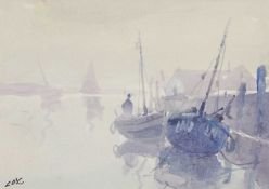 Jack Cox (1914-2007), Moored boats in harbour, watercolour, signed, mounted, 20x27cm, unframed.