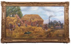 John Munnings (British, 20th century), 'Threshing Wheat early Summer', oil on canvas, signed and