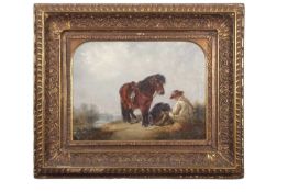 Thomas Smythe (1925-1906), Traveller at rest with a pony and an attentive hound, oil on canvas,