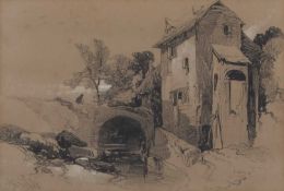 Henry Bright (1810-1873), Buildings by a stream, charcoal heightened in white, signed, 21x31cm,
