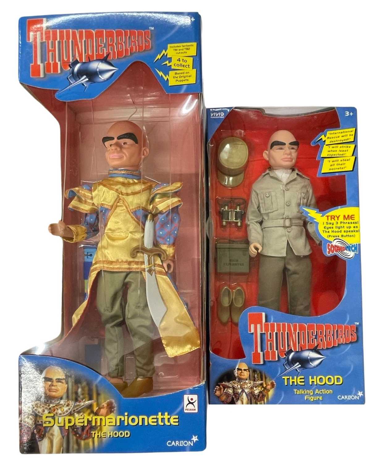 A boxed Thunderbirds marionette puppet of The Hood, together with a boxed action figure.