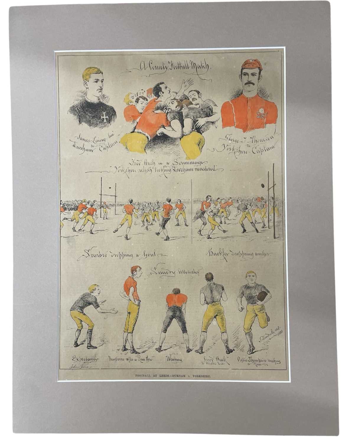 A vintage print overcoloured with watercolour, depicting 'A County Football Match - Football at