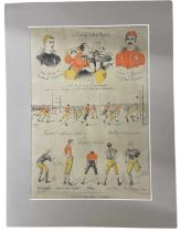 A vintage print overcoloured with watercolour, depicting 'A County Football Match - Football at