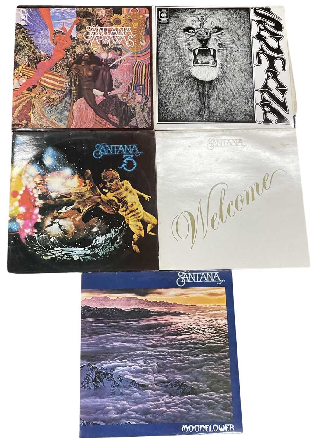 Five Santana 12" vinyl LPs, to include: - Abraxas, 1970, CBS, 32032 - Santana, 1969, CBS, 32003 -