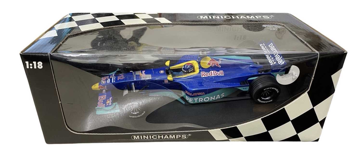 A boxed Minichamps 1:18 scale model, Sauber C18, P Diniz