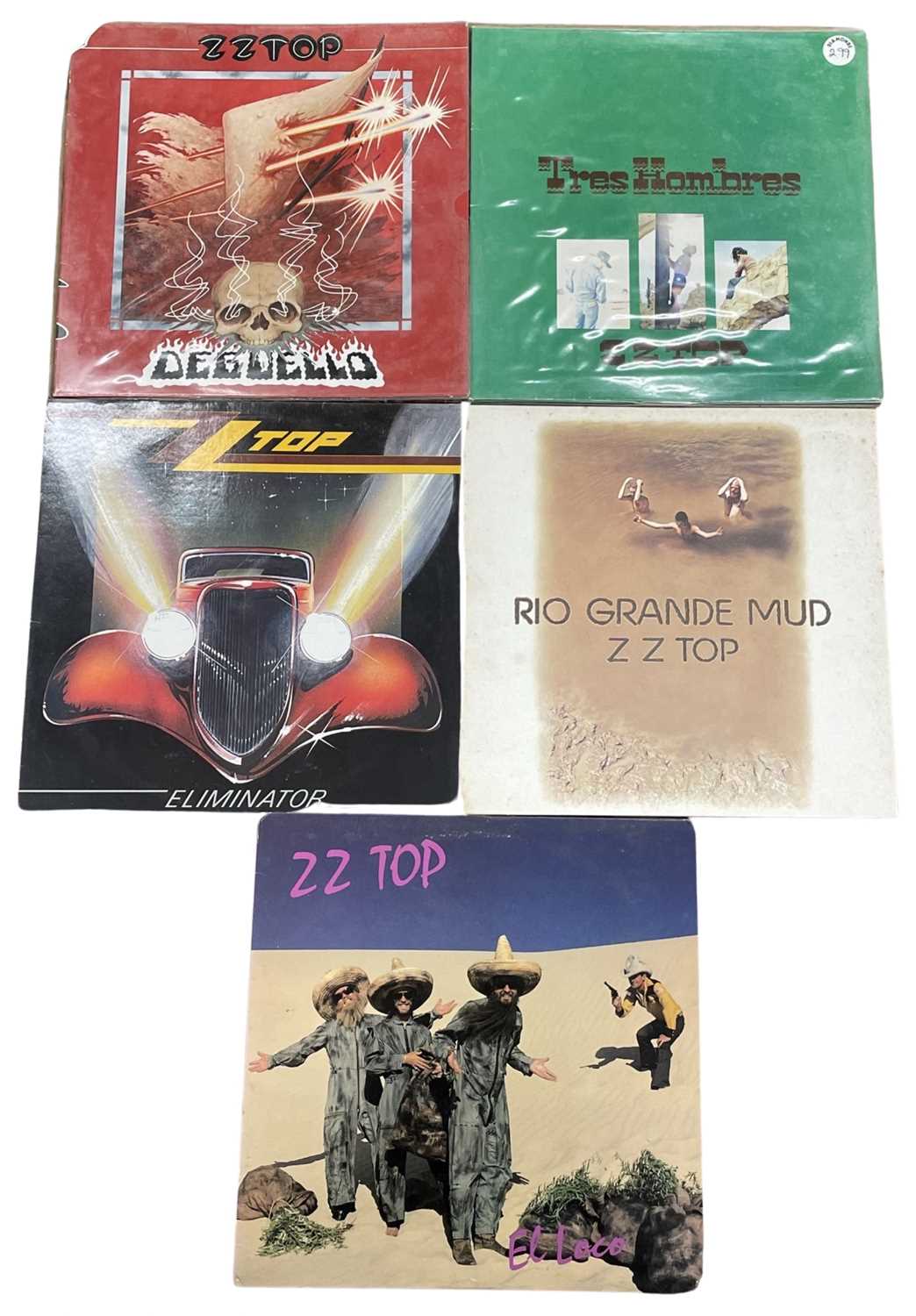 Five ZZ Top 12" vinyl LPs, to include: - Eliminator, 1983, WB, 92-3774-1 - Rio Grande Mud, 1980, WB,