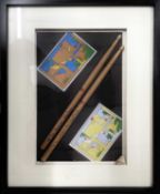 PINK FLOYD: A framed pair of drumsticks bearing the signature of Nick Mason (dedicated to Jim), with