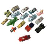 A collection of various die-cast TV toy vehicles, to include the Batmobile, Chitty Chitty Bang Bang,