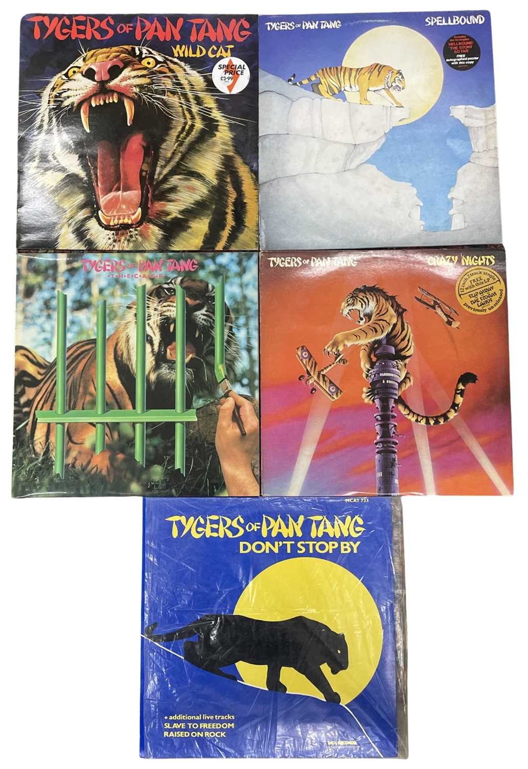 Five Tygers of Pan Tang 12" vinyl LPs, to include: - Wild Cat, 1980, MCA, MCL 1610 - Spellbound,