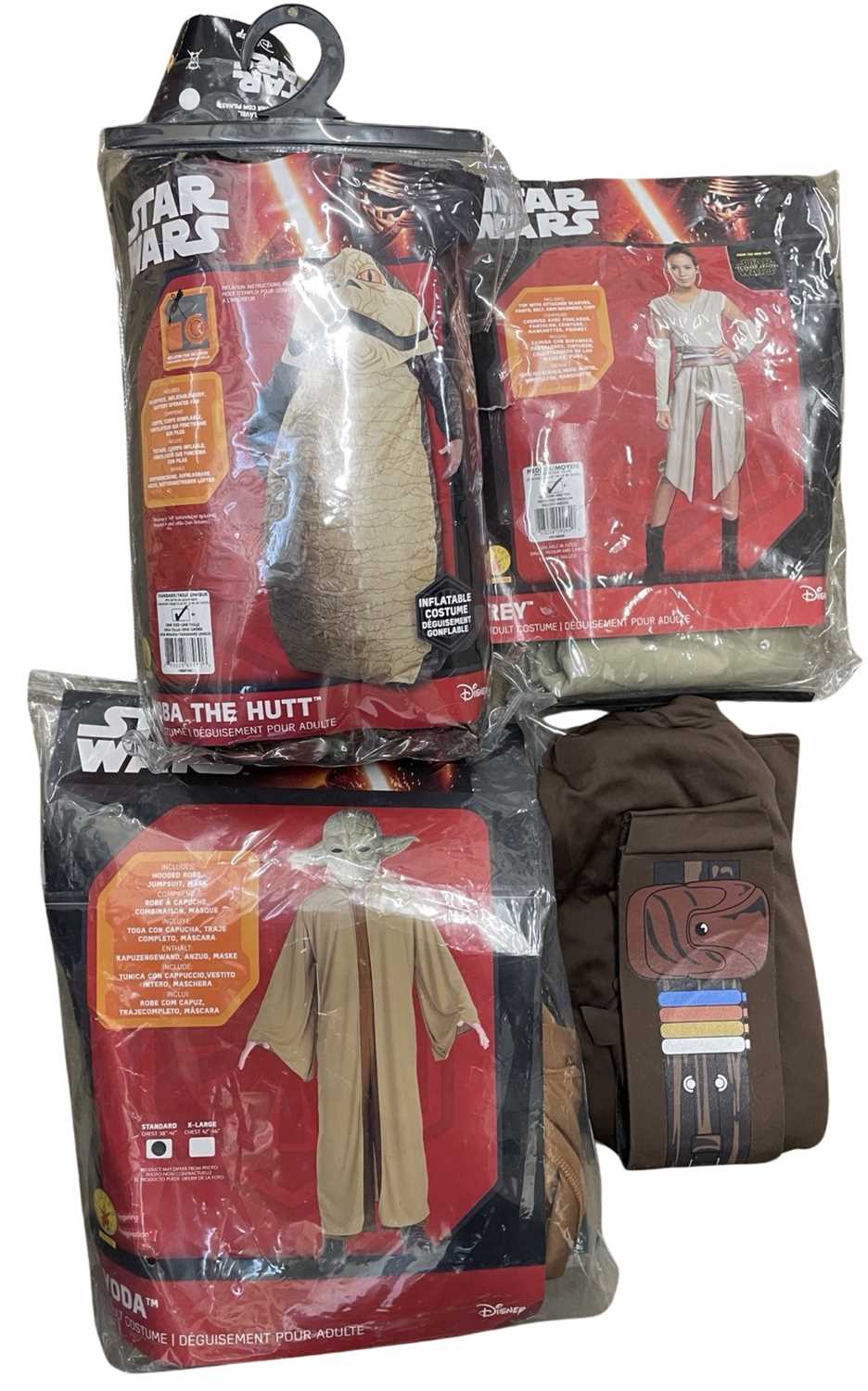 A collection of adult Star Wars costumes, to include: - Jabba the Hutt (inflatable) - Rey - Yoda -