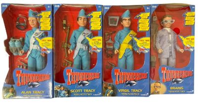 Four boxed talking Thunderbirds figures, to include: - Brains - Virgil Tracy - Scott Tracy - Alan