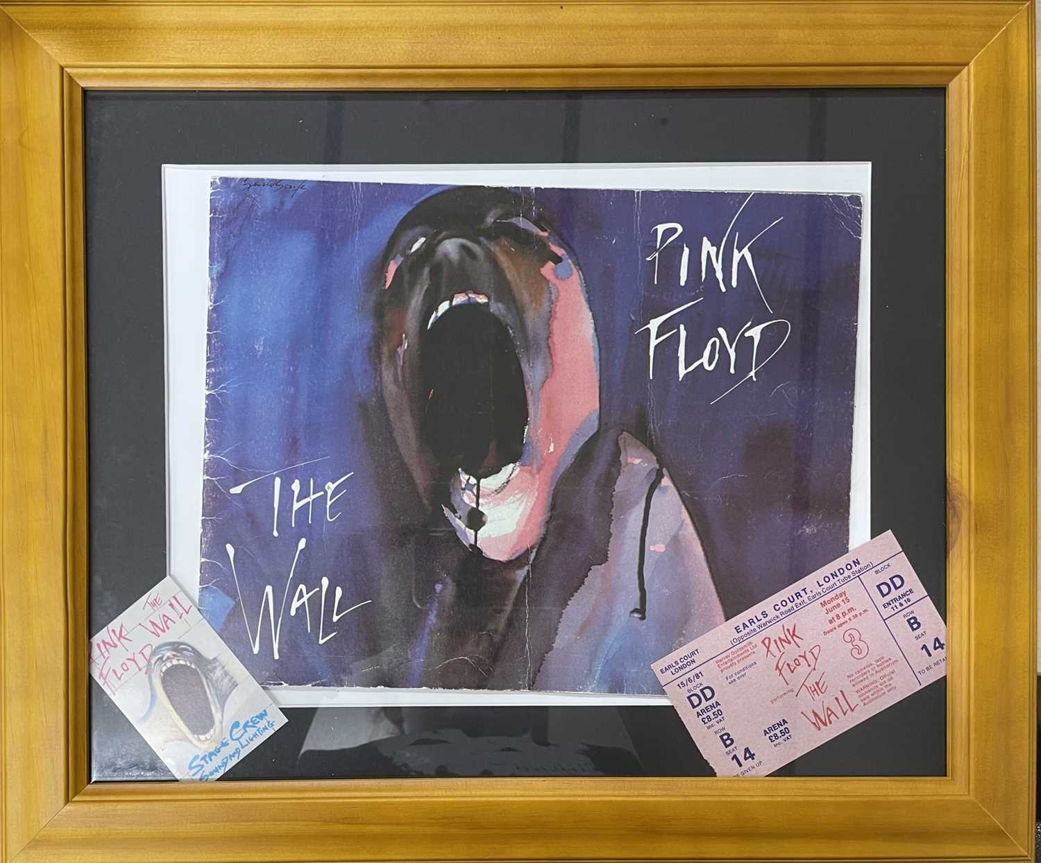 PINK FLOYD: THE WALL: Framed 1971 tour programme with original ticket stub and Stage Crew card.