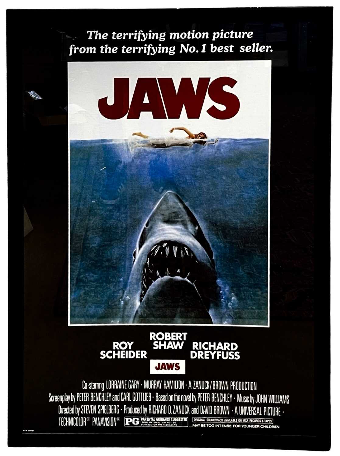 A reproduction one sheet poster for JAWS. Framed size approximately: 104x74cm